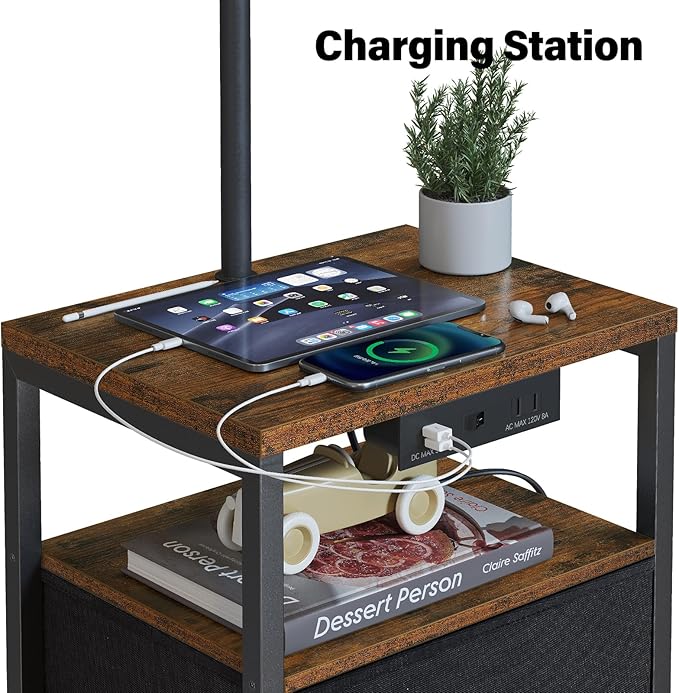 SUNMORY Floor Lamp with Table & 2 Drawers, Lamp with USB Port and Outlet, Nightstand with 3 Color Temperature Led Bulb Included, Floor Lamps for Living Room, Bedroom and Home Office, Rustic Brown