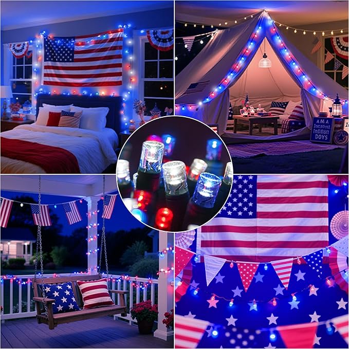 LAMPHOME Red White and Blue Patriotic String Lights, 66ft 200 LED Fairy Lights Plug in, 16 Modes 4th of July Lights Outdoor Waterproof for Independence Day Memorial Day Patriotic Window Decor