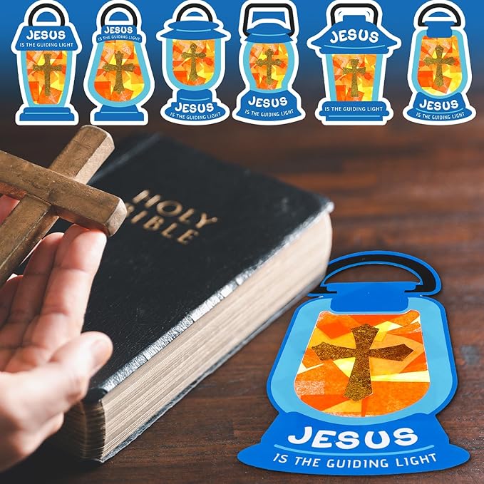 24 Sets Easter Crafts Religious Jesus Lights The Way Tissue Sign Cross Crafts Kit DIY Jesus Light Christian Religious Oil Lamp Cross Art for Camping Sunday School VBS Church Activities