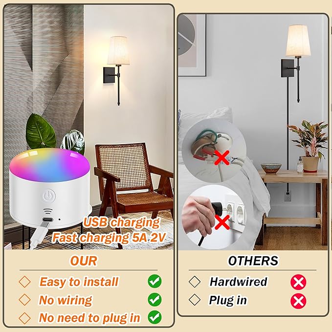 Battery Operated Wall Sconce Light Set Of Two, Battery Operated Sconces Wall Lighting Indoor Wireless Wall Sconce With Remote Control, Dimmable Battery Wall Lamp With 3CCT Bulb For Bedroom Living Room