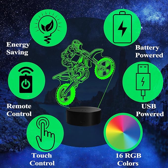 Dirt Bike Night Light, Dirt Bike Gifts, 3D Illusion Lamp with Remote Control, 16 RGB Colors, 4 Flashing Modes, Timer, Dimmable, Kids Room Decoration for Holiday Birthday Christmas