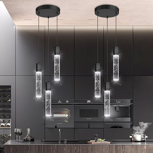 3-Lights Pendants Light for Kitchen Island Chandeliers Dining Room Pendant Lighting Fixture Bubble Crystal Ceiling Hanging Lights Bedroom Island Kitchen 6000K White Light Fixtures Black