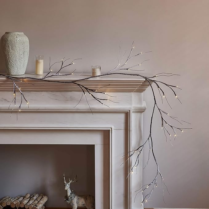 Hairui Lighted Garland Snow Flocked 6FT 48 LED Battery Operated Pre-lit Twig Vine Winter Christmas Party Decoration Indoor Outdoor Use