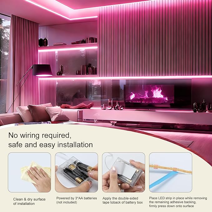 Battery Powered LED Strip Lights, 3.3FT COB LED Strip Light, Battery Operated LED Lights, Pink LED Strip Lights Battery Powered for Closet, Cabinet, Shelf, Kitchen, DIY Lighting