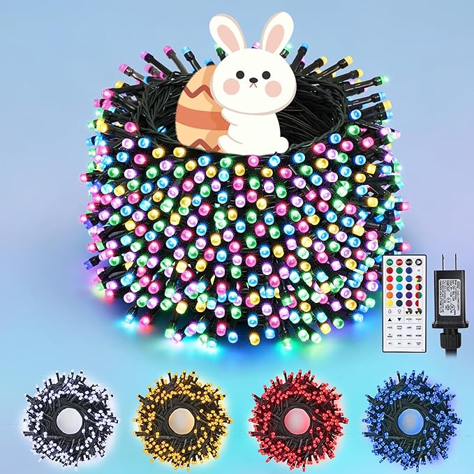 iShabao Easter Lights, 115ft 300 LED RGB Colorful Changing Pastel Light with Remote Timer, Wateproof Plug in Unconnectable Twinkle Fairy String Lights for Wreath Home Party Indoor Outdoor Easter Decor