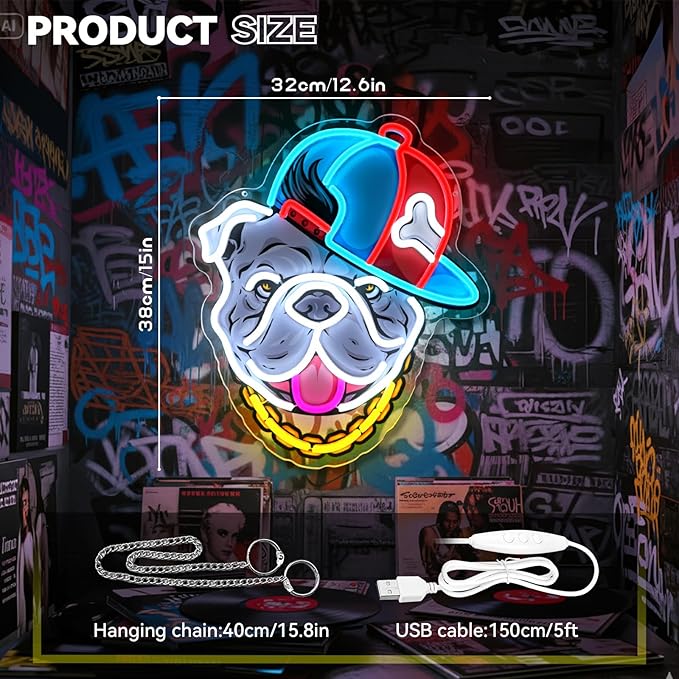 Hip-Hop French Bulldog Neon Sign, Bull Dog Led Sign for Wall Decor, Usb Powered Adjustable Brightness Led Light for Bedroom Bar Pub Game Room Party Man Cave Decor, Unique Gift