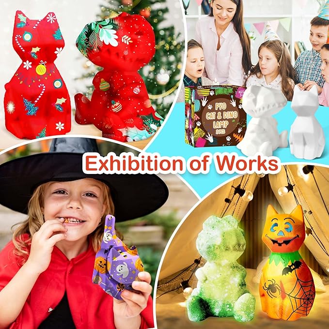 Goody King Paint Your Own Cat & Dinosaur Lamp Art Kit 2pcs, DIY Night Light, Christmas Crafts for Teens, Painting Kit for Girls Boys Age 4 5 6 7 8+, Art Supplies Cat Craft Gift for Birthday, Party