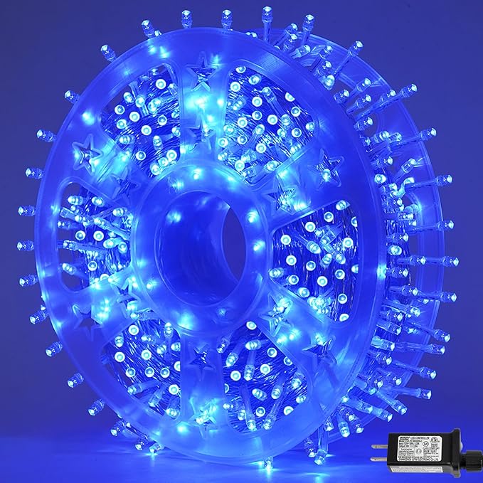 QITONG Blue String Lights Outdoor, 165ft 500 LED Christmas Light Plug-in with 8 Modes, Clear Wire Twinkle Xmas Lights Indoor