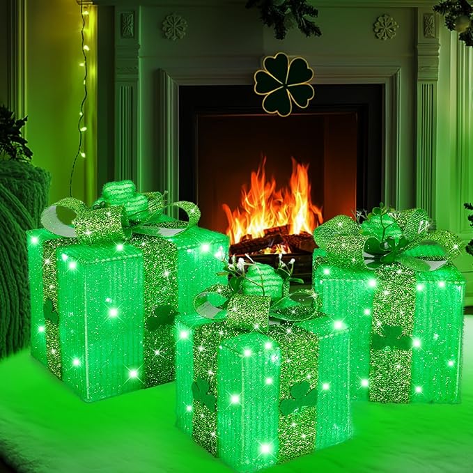Timer & 8 Mode 3 Pack St Patricks Day Decorations Lighted Gift Boxes with 3D Shamrocks 60 LED Glitter Tinsel St Patrick's Day Decor Battery Operated Light Up Clover Present for Outdoor Home Room Decor