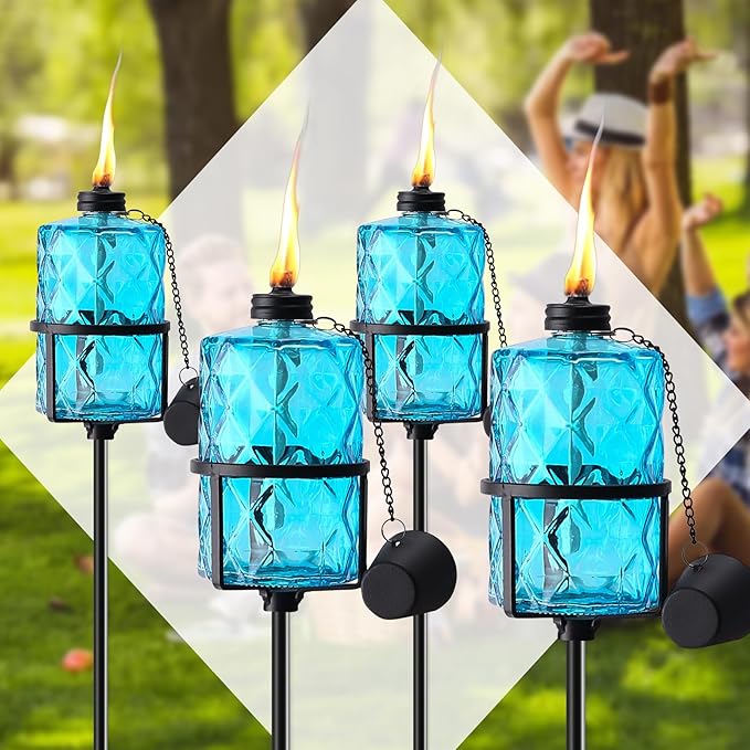 4 Pack Blue Glass Garden Torch 12 oz Outdoor Torch Garden Décor,60-Inch Upgraded Citronella Torches with 3-Prong Grounded Stake for Party Patio Pathway