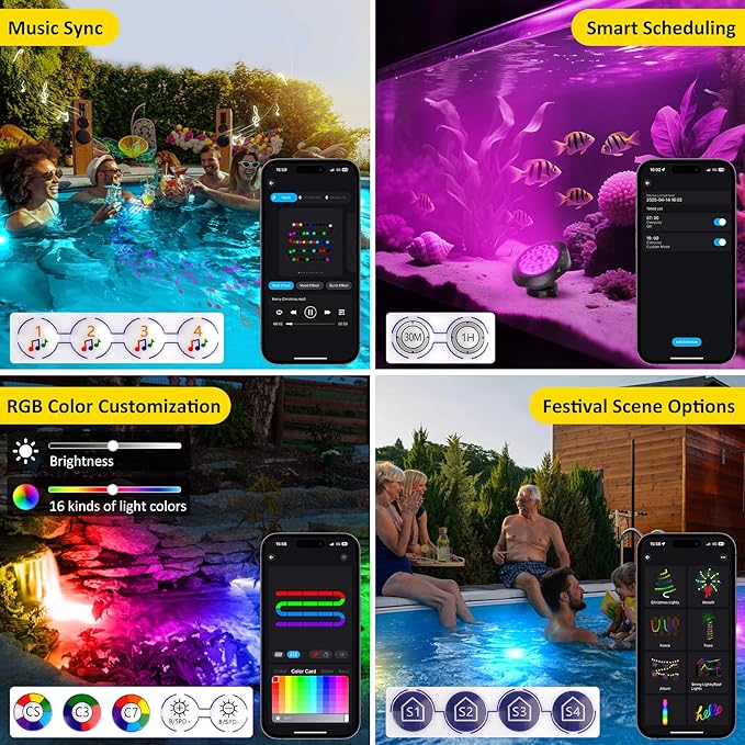 T-SUN Pond Lights LED Underwater 16M Colors with App and Remote, Submersible Fountain Light with Timer and Dimmable, Music Sync, Outdoor Spotlights for Koi Pond, Garden, Yard