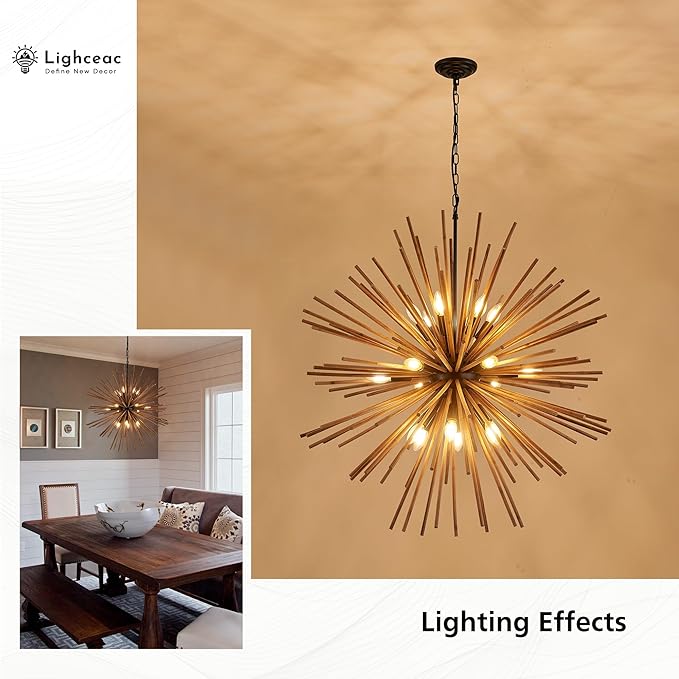 37.4" Farmhouse Sputnik Chandelier for Dining Room Rustic Handmade Natural Wood 18-Light Hanging Ceiling Pendant Light Fixture Starburst Wood Chandeliers for Kitchen Bedroom Foyer Hallway