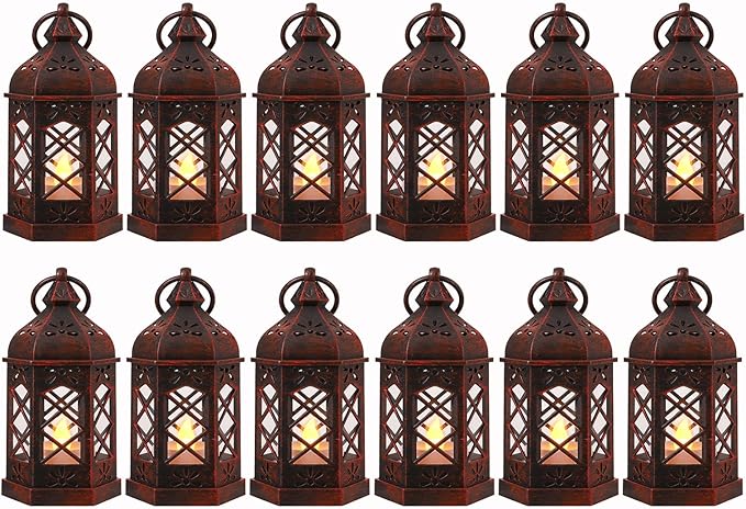 LLQ 12PCS Brushed Red Mini Lantern with LED Tealight for Halloween Decorations, Small Moroccan Lanterns for Wedding Decor, Vintage Christmas Lights for Table Centerpiece, Hanging Ornaments Bulk