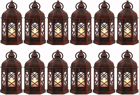 LLQ 12PCS Brushed Red Mini Lantern with LED Tealight for Halloween Decorations, Small Moroccan Lanterns for Wedding Decor, Vintage Christmas Lights for Table Centerpiece, Hanging Ornaments Bulk