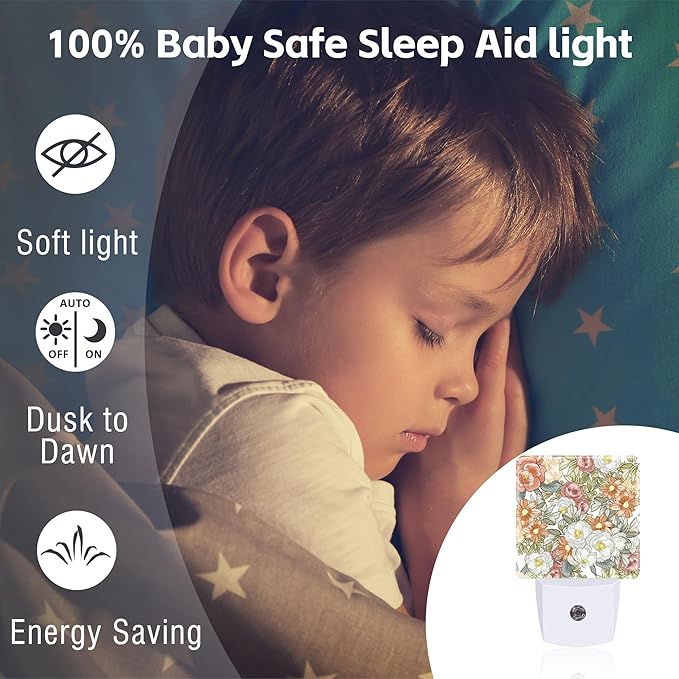 Watercolor Flowers and Herbs Night Light Plug into Wall,Abstract Botanical Plants Leaves Floral Dusk to Dawn Night Light Plug in,0.5w Energy Saving NightLight for Kids Boys Girls Home Decor