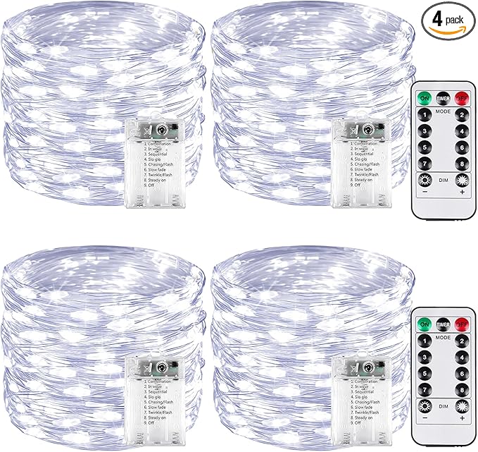 4 Pack 60LED Christmas Battery Operated Fairy Lights with Remote, 8 Modes String Lights with Timer, Dimmable, Memory Function, Waterproof Twinkle Lights for Outdoor Indoor Christmas Decor(Cool White)