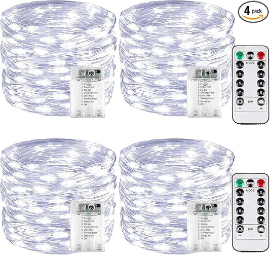 4 Pack 60LED Christmas Battery Operated Fairy Lights with Remote, 8 Modes String Lights with Timer, Dimmable, Memory Function, Waterproof Twinkle Lights for Outdoor Indoor Christmas Decor(Cool White)