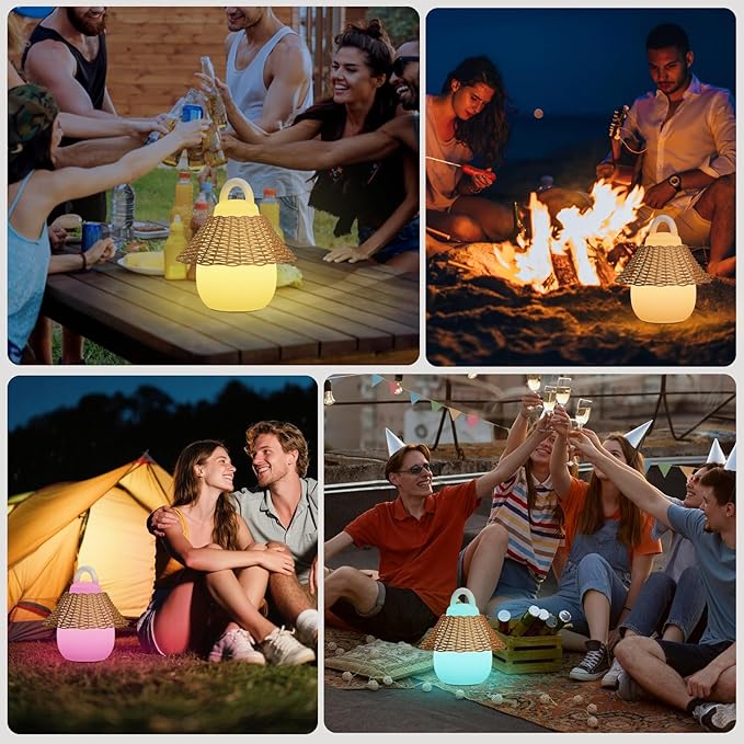Rattan Outdoor Lanterns, GGII Rechargeable Camping Lantern with IP44 Waterproof, Battery Operated Outdoor Portable Cordless Table Lamp with RGB Lights for Patio Balcony Garden