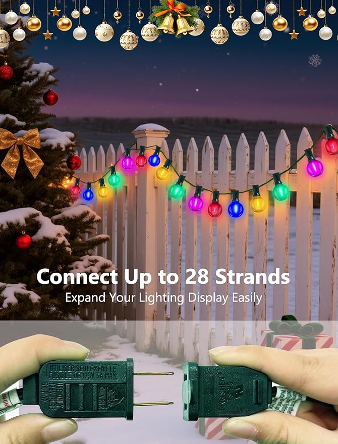 50Ft Outdoor Multicolor Christmas Lights, G40 Frosted Globe Patio String Lights with 27 Ceramic Colorful Bulbs(2 Spare), Connectable Vintage Christmas Bistro Lights for Holiday Party Backyard Christma