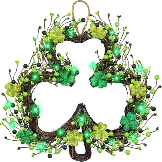 St Patricks Day Decorations, Shamrocks Wreath for Front Door, 20 Green Lights Timer Battery Operated 18 Inch 10 Shamrocks 162 Berries Battery Operated Spring Artificial Wreath St. Patrick's Day Decor