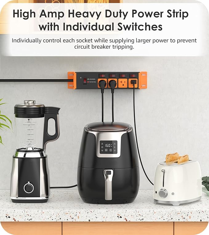 CCCEI Heavy Duty Surge Protector Power Strip 20 Amp Individual Switches. 6FT 12 Gauge Extension Cord with Multiple Outlets. Kitchen, Garage, Shop, Industrial Wall Mount Electric Extender, Orange.