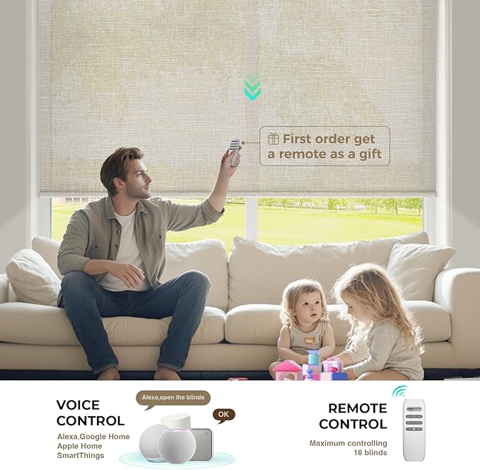 HeyBlinds Motorized Roller Shades, Smart Blinds for Windows, Remote Automatic Window Shades, Electric Shades, Light Filtering, Compatible with Alexa Google Apple Home (Grace-Latte LF)
