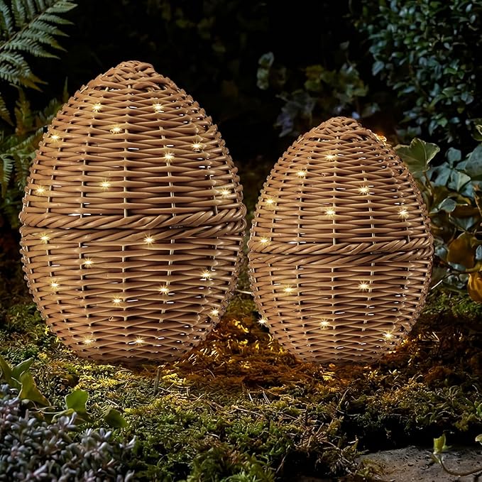 Soulchen 2 Pcs Large Rattan Easter Egg Decorations, 9.8" & 8.7" Spring Farmhouse Wicker Easter Eggs with LED Lights Decor for Table Centerpiece Mantle Outdoor Porch Garden Patio,