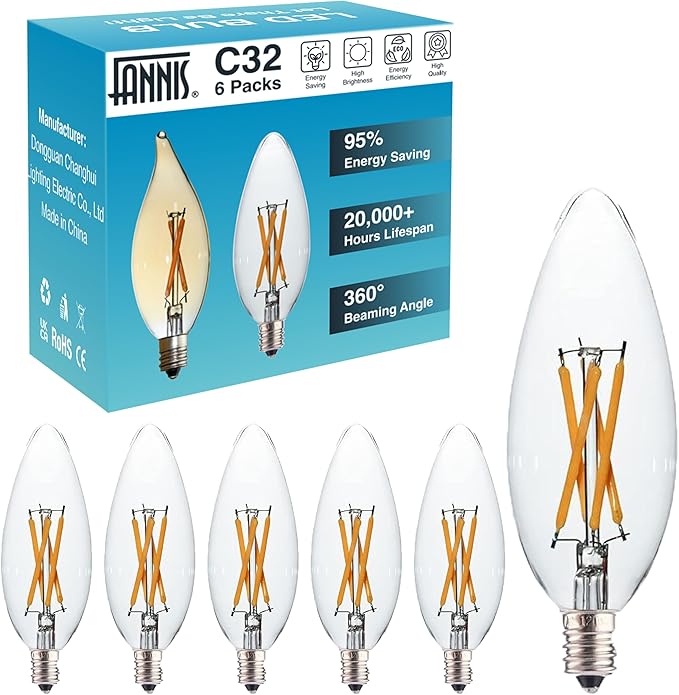 6 PCS C32 B10 B11 Candle Filament LED Bulb, Warm White Light, 4W Equals 15W 25W-40W, E12 Candelabra Base Edison Bulb, Clear Glass Light Bulb for Pendant Chandelier Ceiling Fan