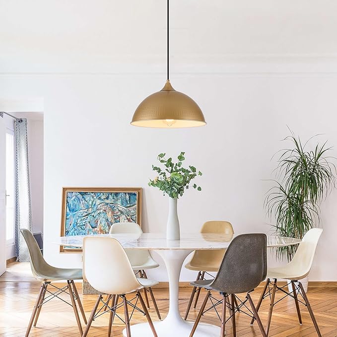 Pendant Lights Kitchen Island, 12" Gold and White Dome Pendant Light Vintage Industrial Hanging Light Fixtures for Dining Room Restaurant Cafe Entryway