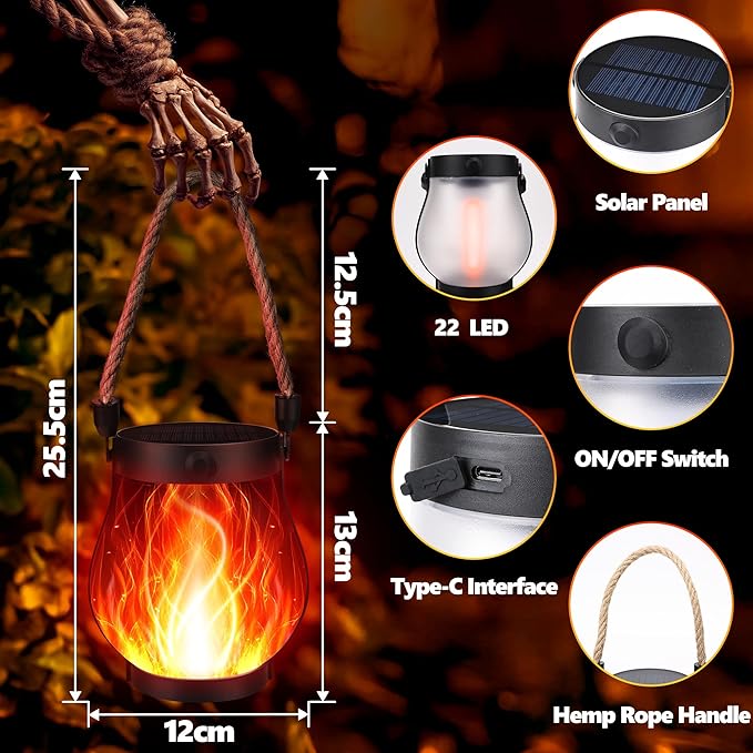iBaycon 1 Pack Solar Lanterns Lights, Halloween Flickering Flame Garden Lights with 2 Modes Dual Charging USB & Solar, Outdoor Waterproof Hanging Lantern for Party Holiday Halloween Decor (Red)
