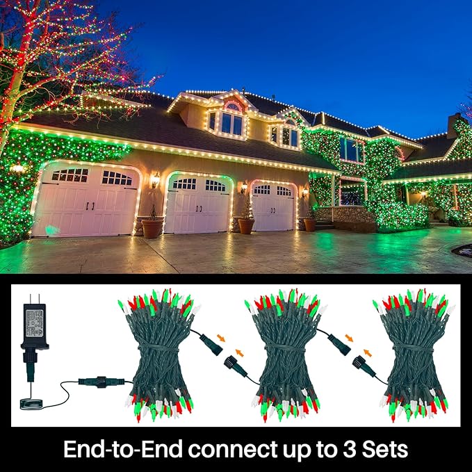 LAMPHOME Red Green White Christmas Mini Lights, 32.5FT 100 LED Clear Bulbs String Lights with 16 Light Modes, Fairy Lights Plug in for Outdoor Xmas Trees Garland Wreath Holiday Decorations