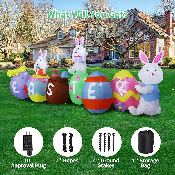 10FT Easter Inflatables Outdoor Decorations, Large Easter Blow Up Bunny & Eggs Built-in 9 Bright LED Lights, Cute Spring Inflatable Decor for Yard Garden Lawn Holiday Party