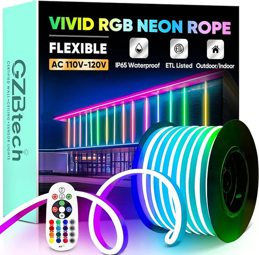 GZBtech RGB LED Neon Rope Lights 66FT/20M, AC 110-120V Waterproof Color Changing LED Rope with Remote Control, Dimmable Multi Color Strip Lighting for Indoor Outdoor Commercial Use, ETL Listed