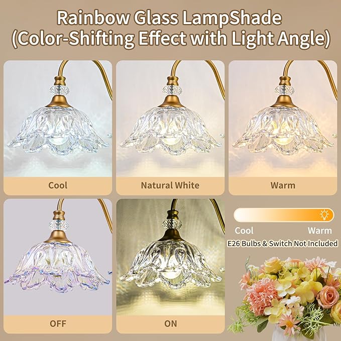 Vintage Bathroom Vanity Light, 3-Light Matte Brass Finish Vanity Light with Flower-Shaped Rainbow Glass Shades, Retro Wall Sconce for Bathroom
