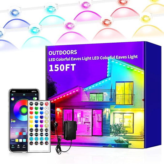 150ft permanent outdoor light, RGB outdoor eave lights with APP & Remote Control,Music synchronisation IP67 waterproof LED eave light,suitable for party, daily,Halloween,Christmas,rooftop,garden,patio