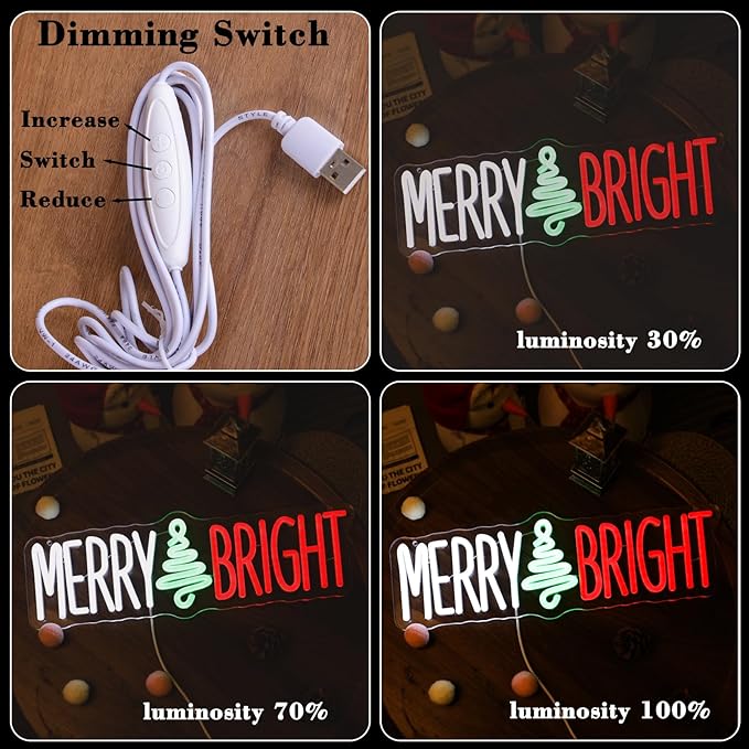 Merry and Bright Neon Lights Wish you a Nice Christmas Quotes LED Signs Christmas Tree for Shop Coffee Store Cafe Apartment Family Light up Xmas Party Wall Decor