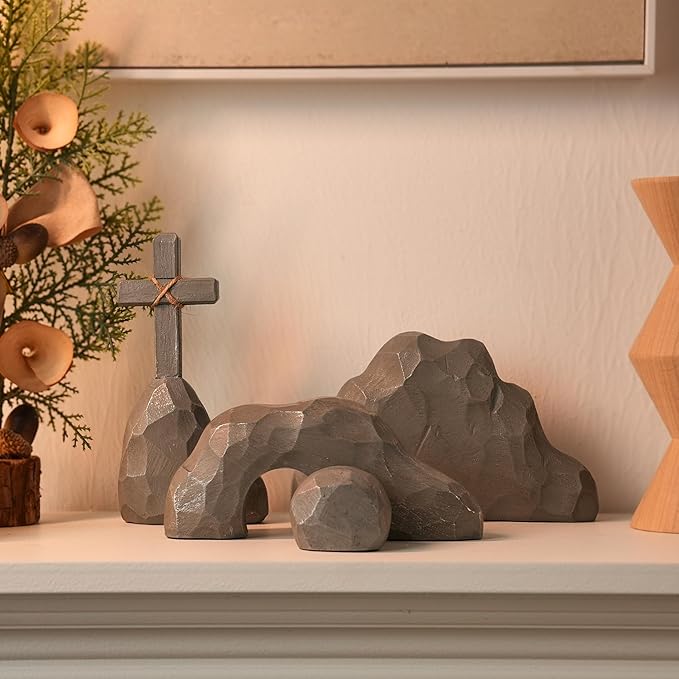 Empty Tomb Easter Decor with Cross, Easter Empty Tomb Resurrection Scene for Christian Decoration, Realistic Rock Resin Sculpture for Religious Display, Home Office Tabletop Tray, Church, Shelf Decor