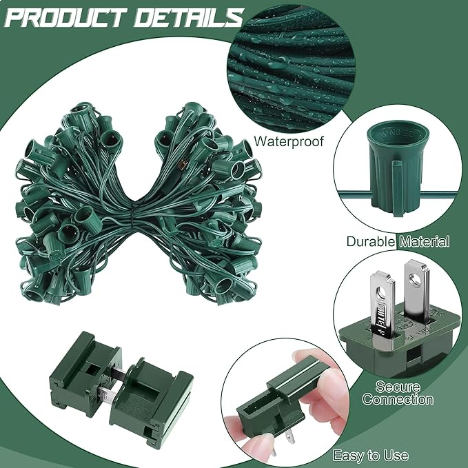 Fovths 50 Ft C9/E17 Christmas Light Sockets Set Outdoor UL Listed String Light Include 50 E17 Socket with 100 Clips, 6 Female Male Plug, Christmas C9 Green Wire for Patio Event Decor