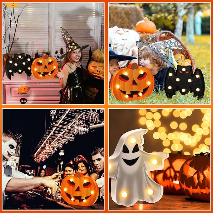VIHOSE 3 Pcs Halloween Decoration Lights Halloween Marquee Sign Ghost Pumpkin Bat Lamp LED Desk Lamp Decorative Battery Operated Night Lights for Bedroom Table Indoor Outdoor Home Bar Party Gift
