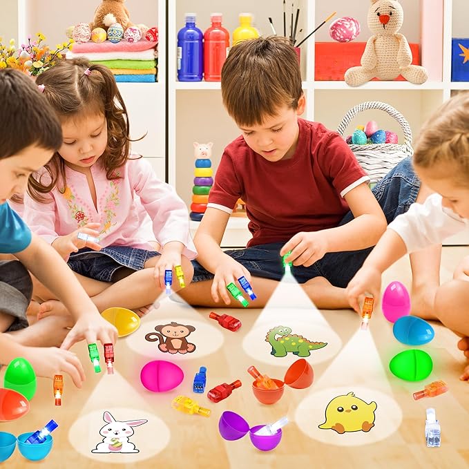 24Pcs Pre filled Easter Eggs with Egg Fillers Finger Lights, Easter Basket Stuffers for Teens Toddler Boys Girls Plastic Easte r Eggs Filled Toys for Kids Party Favors Gifts Glow In The Dark Egg Hunt
