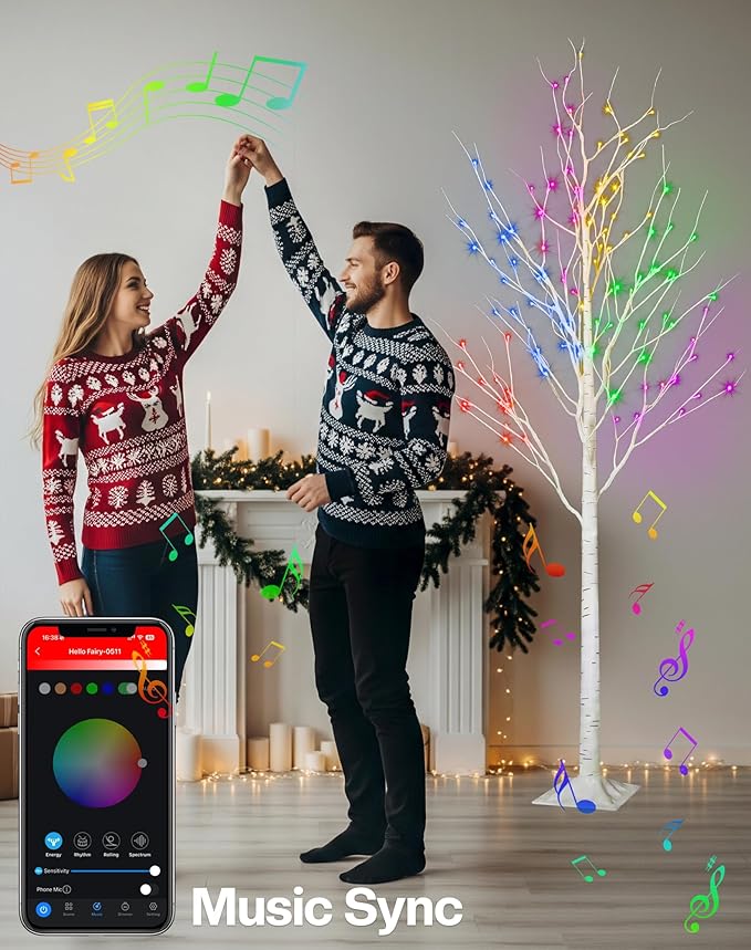 6FT Smart LED Birch Tree - Color Changing Lighted Tree with Bluetooth App Control, 16 Million Colors, Music Sync, Timer, Indoor/Outdoor Easter Decor for Home, Party, Christmas