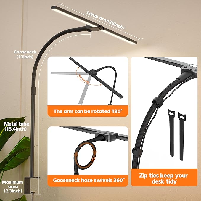 Desk Lamp Home Office,15W Dual Screen Monitor Light with Clamp,Adjustable Gooseneck Computer Light with Stepless Color Temp and Dimming for Architect Work (Black)