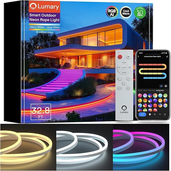 Lumary Smart Outdoor Rope Lights Waterproof, RGBAICW Flexible Color Changing Silicone Rope Light for Halloween, Music Sync, DIY Scene Mode, RGB&Warm White&Cool White for Alexa/Google Assistant, 32.8Ft