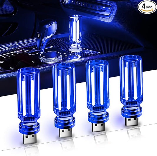 4 PCS Car USB Light Blub, Plug-in LED Ambient Lighting with Touch Dimming. The Brightness Can Be Adjusted Making It for Cars, Bedrooms, Hallways (4 Blue)