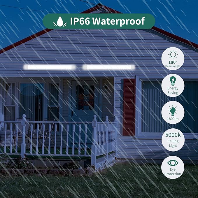 KUKUMAO 5000K LED Ceiling Light Fixture, 2FT with Plug Linkable, 2PCS Waterproof LED Tube Light Under Cabinet Lighting,Closet Light 18W for Garage Kitchen Bathroom Workbench and Office