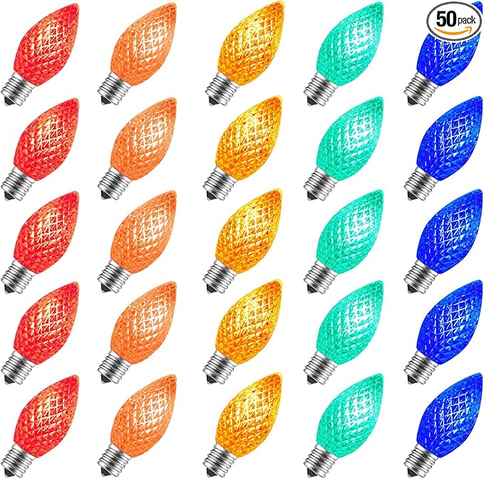 Minetom 50 Pack C7 Led Christmas Replacement Light Bulbs, C7 Shatterproof Christmas Led Bulbs for Christmas String Lights, E12 Candelabra Base, Commercial Grade Dimmable Holiday Bulbs, Multicolor