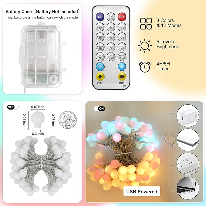 OMIKA 33 FT 100 LED Color Changing Battery Operated String Lights Waterproof, Warm White & Multicolor Fairy Lights USB Powered with Remote for Indoor Party Girls Bedroom Classroom Decor