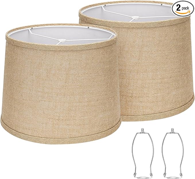 Burlap Lampshades Set of 2, 11.6" Top x 12.6" Bottom x 9.8" High, Brown Drum Shades for Table & Floor Lamps (Spider Fitter), Hand Crafted, Assembly Required