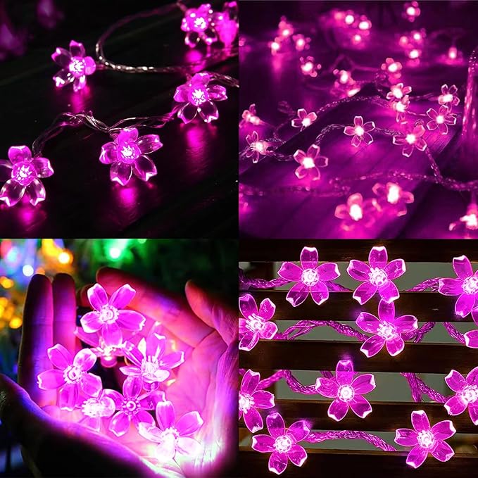 LAMPHOME Pink Flower String Lights, 33ft 100 LED Cherry Blossom Plug in Easter Christmas Tree Hanging Fairy Lamp, 16funstions Garden Bedroom Indoor Decorations for Fence, Wedding Birthday Party