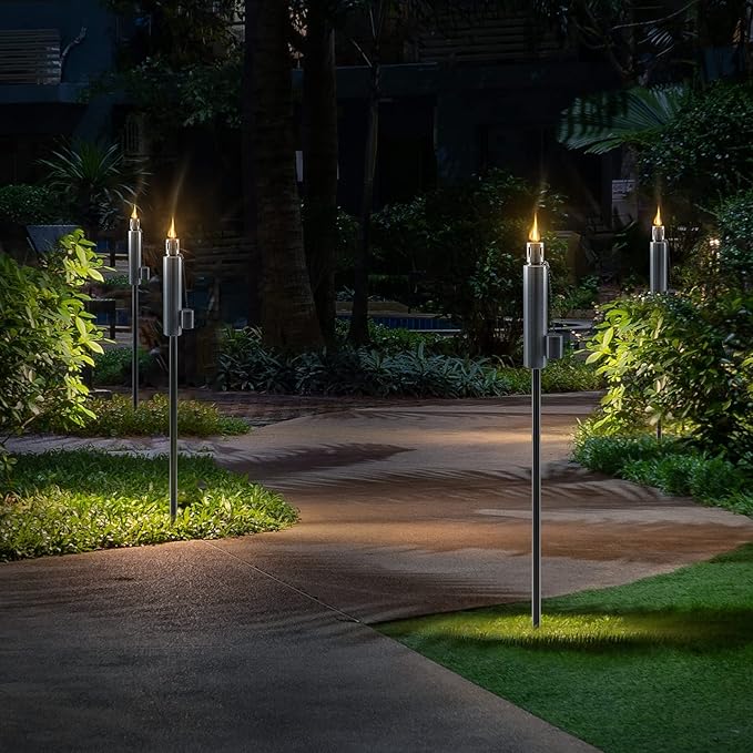 Matney Stainless Steel Outdoor Torches - Decorative Garden & Yard Lights - 5 ft Oil Lamp for Citronella - Fiberglass Wick & Snuffer Cap - Set of 4 (Barrel)